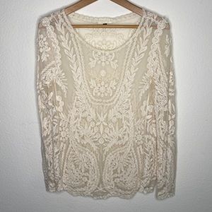 Cream Sheer Long Sleeve Top w Floral Embroidery